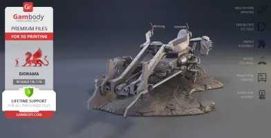 A detailed 3D model of a speeder bike from a sci-fi universe, set on a rocky base, ready for printing.