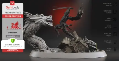 A dynamic diorama of a ninja Batman fighting a dragon-like Joker atop a detailed architectural base.