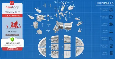 Batman Ninja vs Joker Dragon diorama 3D model parts layout on a blueprint-style background.
