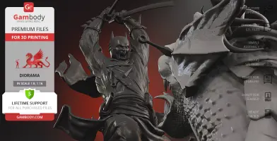 Batman Ninja battles Joker Dragon in an action-packed diorama for 3D printing.
