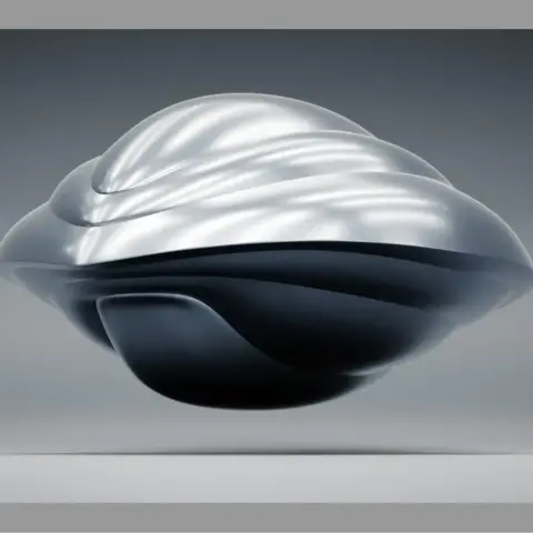 A sleek, blue, futuristic drone ship with a smooth, curved design, resembling a classic flying saucer.