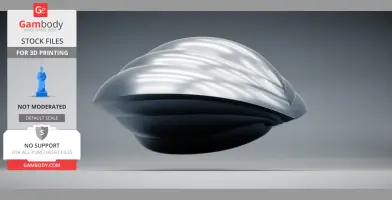 A sleek, metallic, futuristic spaceship model with smooth, curved surfaces hovering in a gray setting.