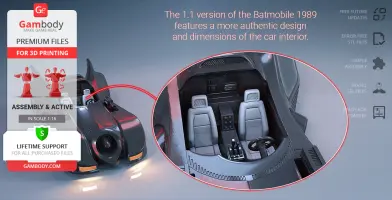 3D model of the 1989 Batmobile with detailed interior, designed for 3D printing.