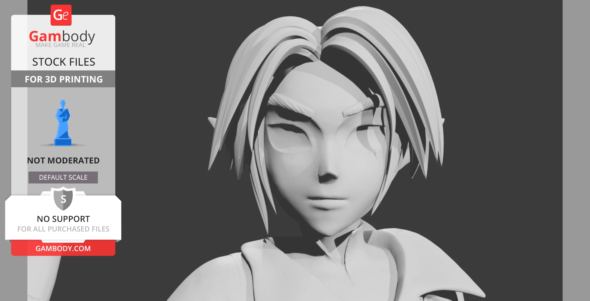 3D model of a character with pointed ears and stylized hair, designed for 3D printing.