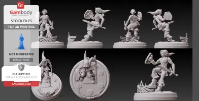 A 3D model of a fantasy warrior posing with sword and shield on a detailed base.