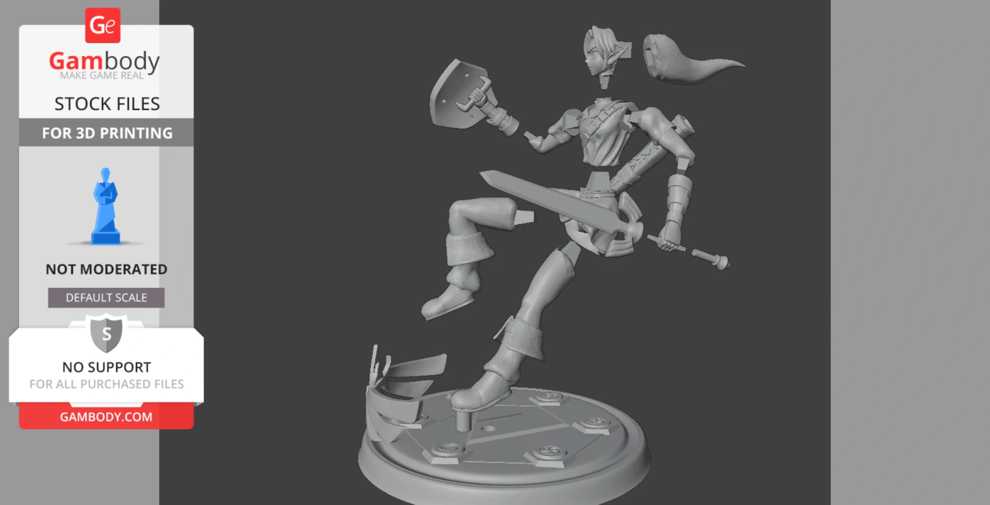A 3D model of a warrior with sword and shield in an action pose, designed for 3D printing.