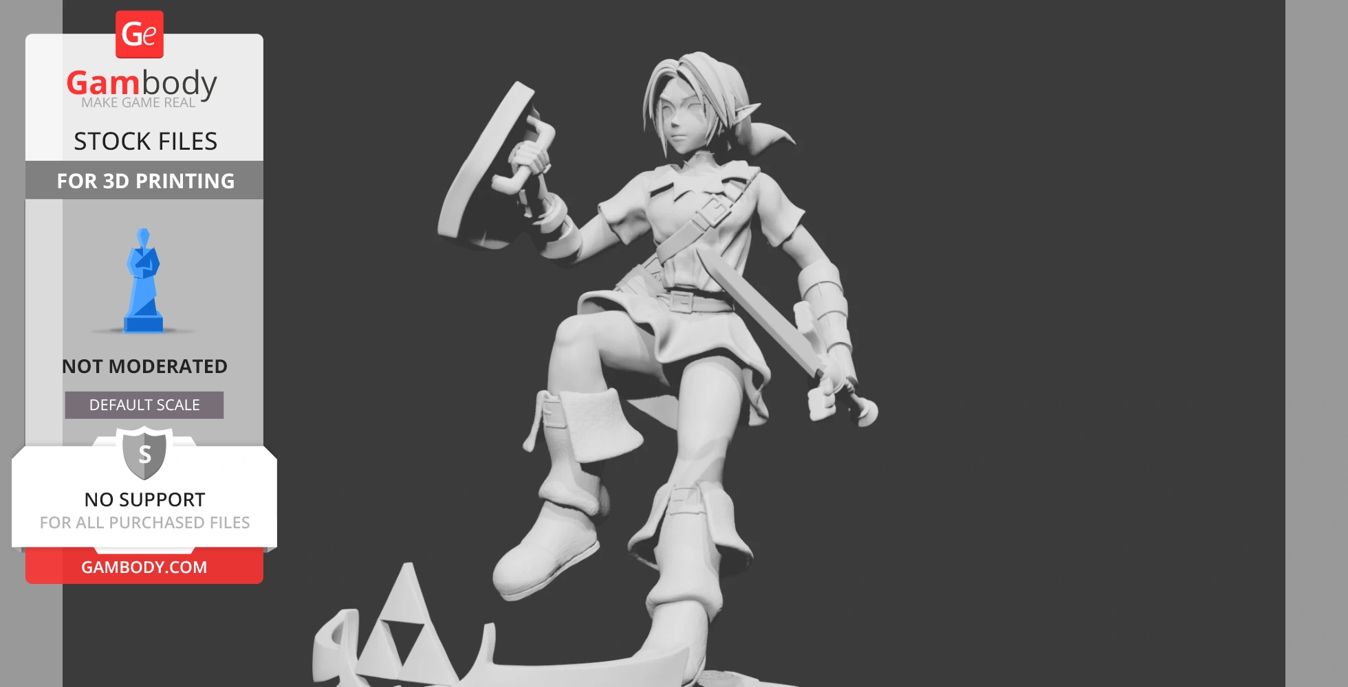 A warrior figure poses with a shield and sword, wearing armor and standing on a stylized base.