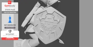 3D model of a character holding a detailed shield with emblematic symbols.