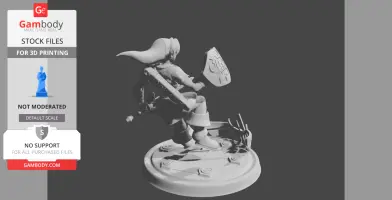 A 3D model of a warrior in dynamic pose, holding a shield, ready for printing.