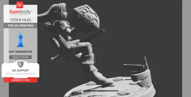 A detailed 3D model of a warrior with a shield and sword, posed on a round base for printing.