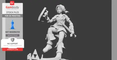 A warrior figure poses with a shield and sword, wearing armor and standing on a stylized base.