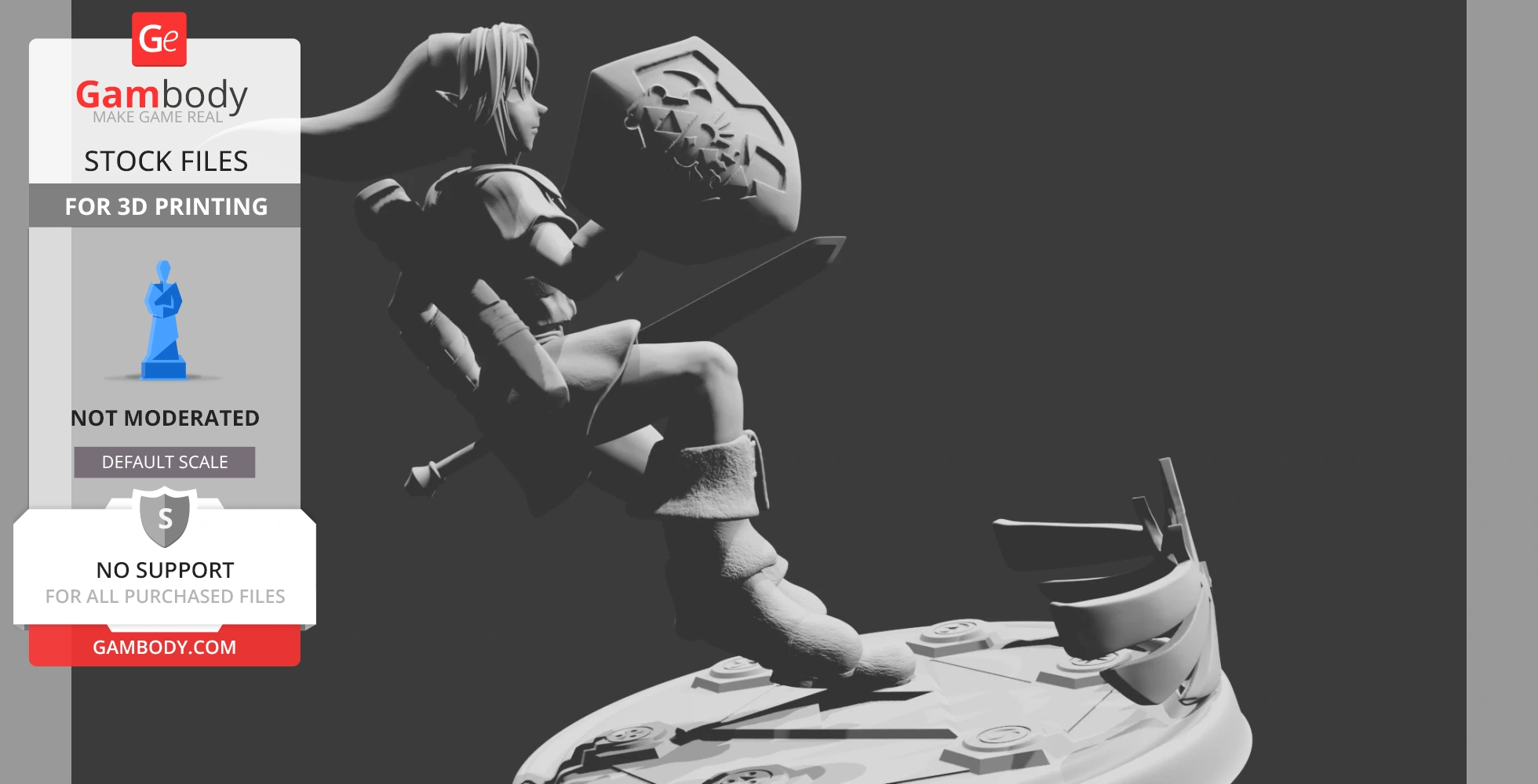 A detailed 3D model of a warrior with a shield and sword, posed on a round base for printing.