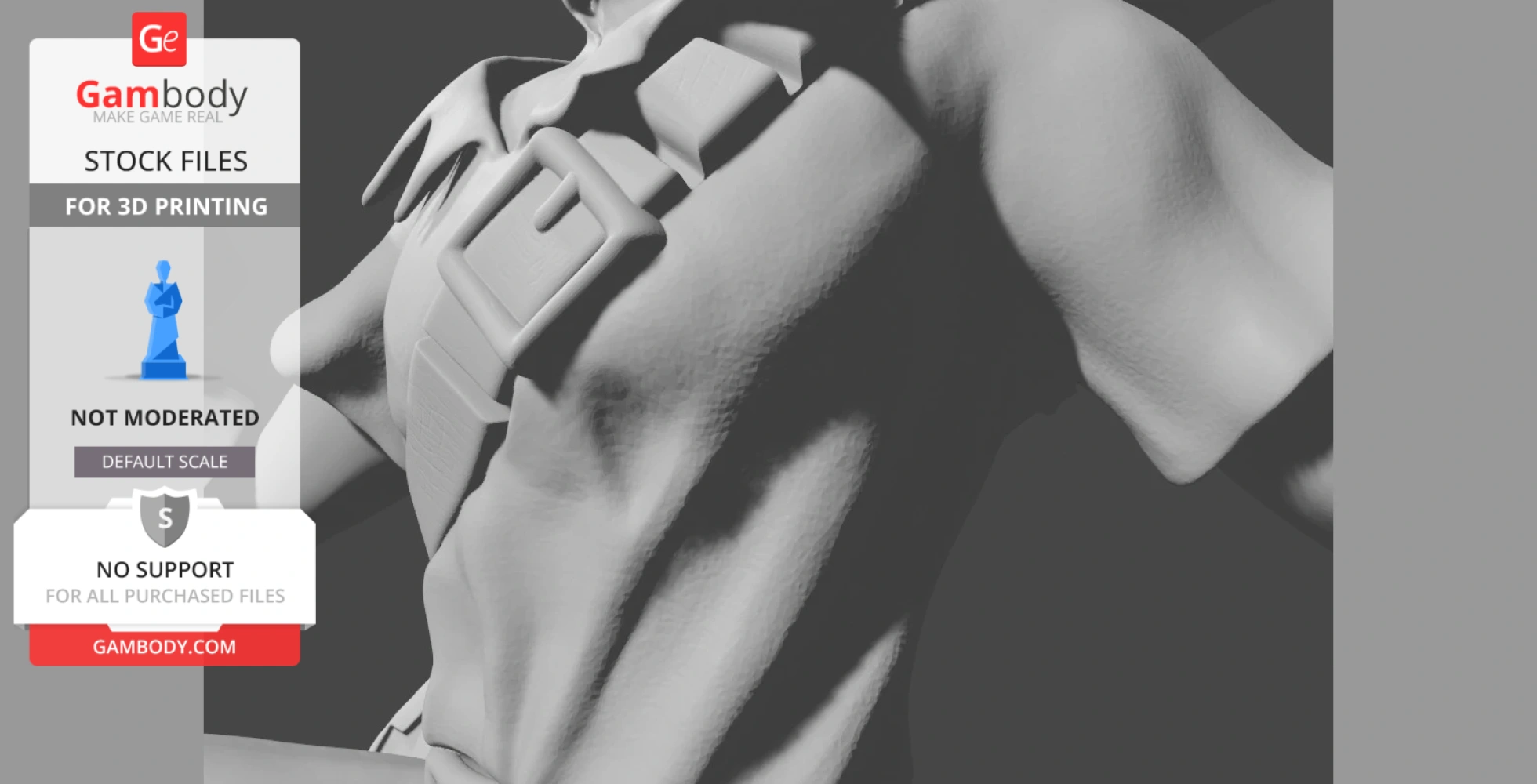 3D model of a textured humanoid torso with straps, designed for printing, showcased on Gambody website.