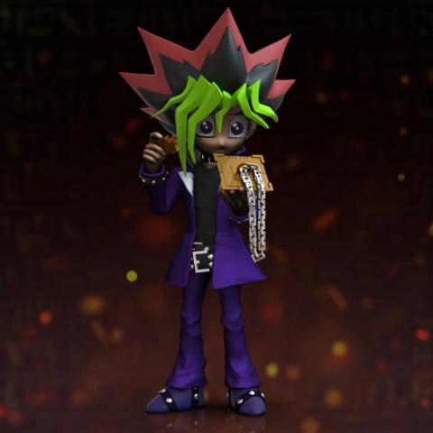 Anime-style character with colorful spiky hair holding a puzzle, dressed in a purple outfit.
