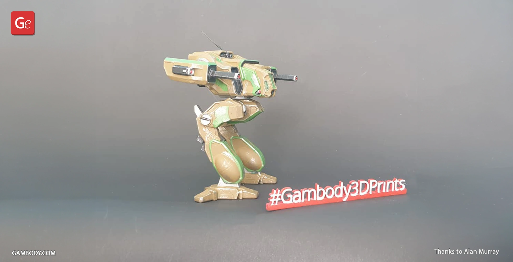 A 3D printed MWO Shadow Cat mech model in tan and green colors, next to '#Gambody3DPrints' text.