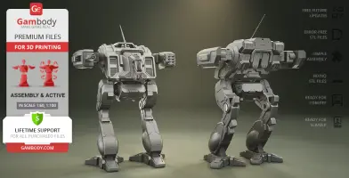 Two futuristic bipedal mech suits with antennas, displayed in a promotional image for 3D printing files.