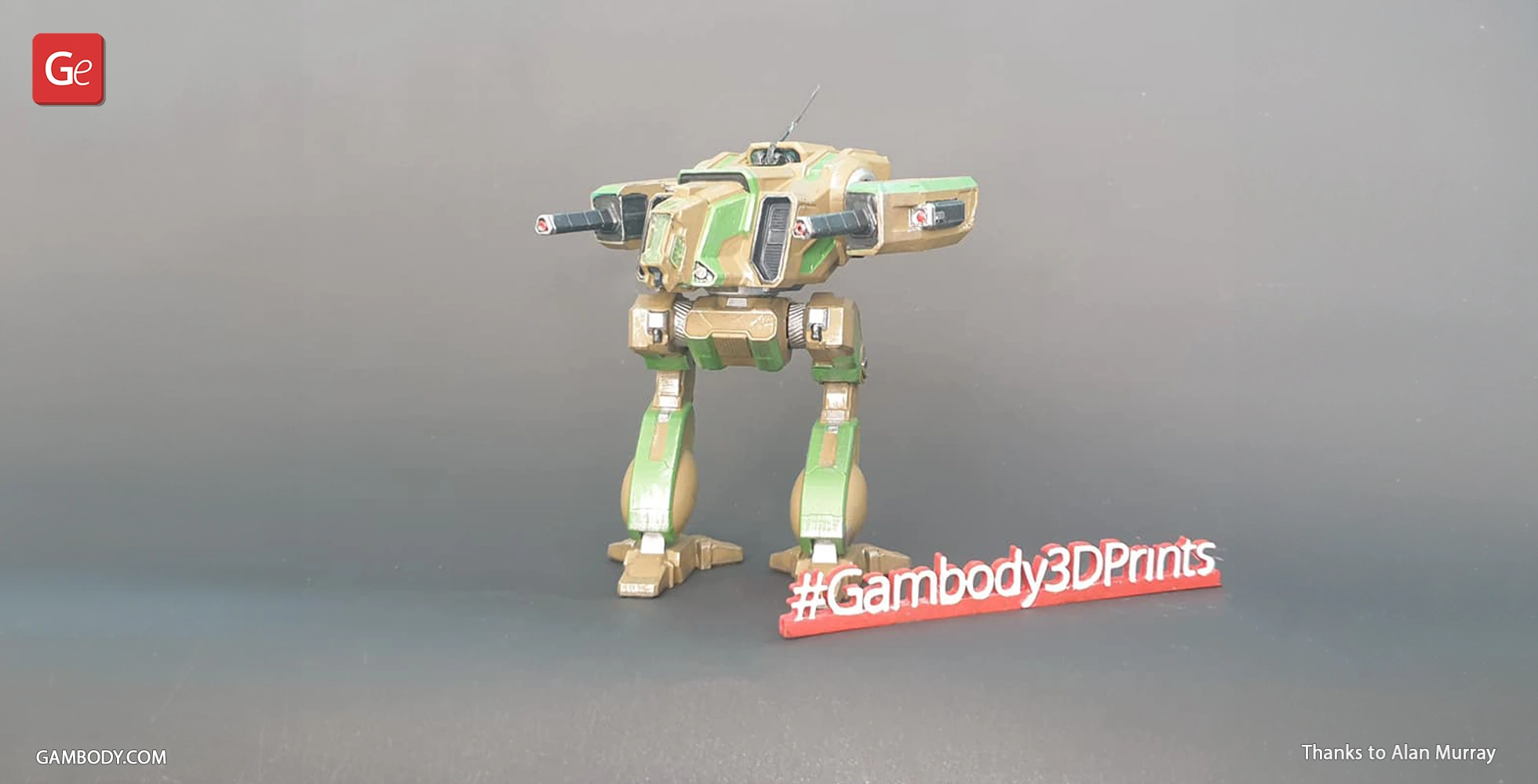 A detailed model of a green and tan mech with dual cannons, branded '#Gambody3DPrints' on the base.