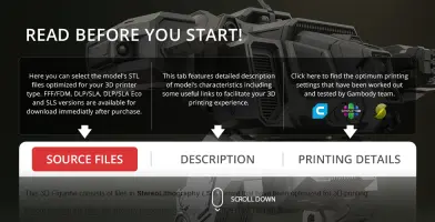 Interface for MWO Shadow Cat 3D printing, showing tabs for source files, description, and printing details.