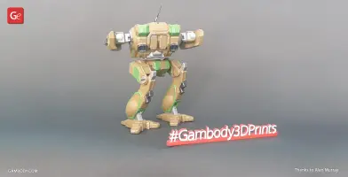 A 3D-printed model of a mech robot with tan and green details, labeled #Gambody3DPrints.