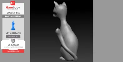 A sleek 3D model of a sitting cat, with an arched back and curved tail, intended for 3D printing.