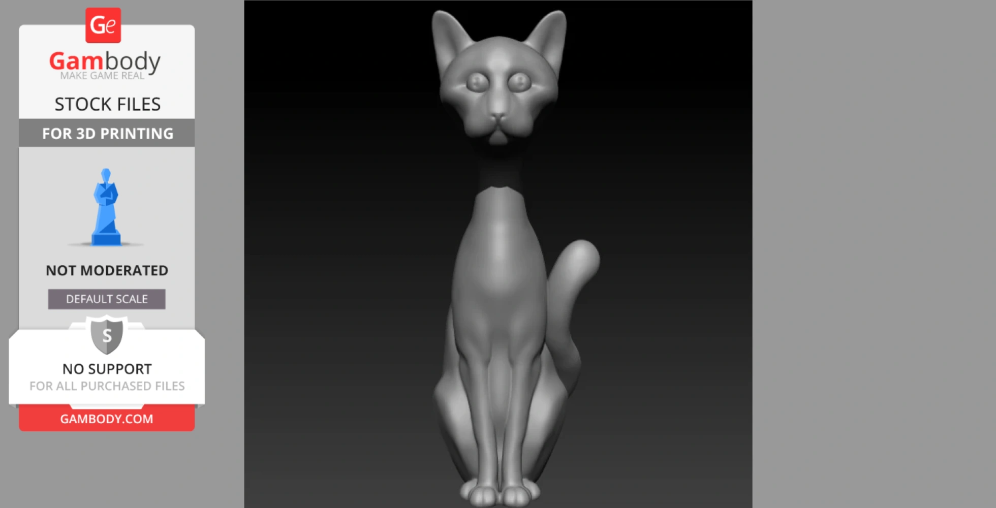 A stylized 3D cat figurine model for printing, featuring a sleek body and upright posture.