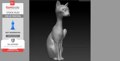 A sleek, stylized 3D model of a seated cat with elongated features, designed for 3D printing.