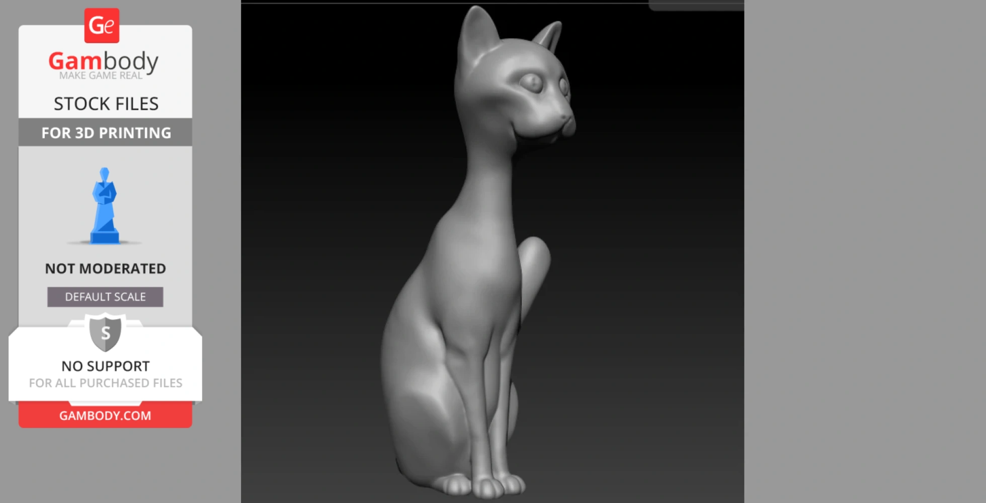 A sleek, stylized 3D model of a seated cat with elongated features, designed for 3D printing.