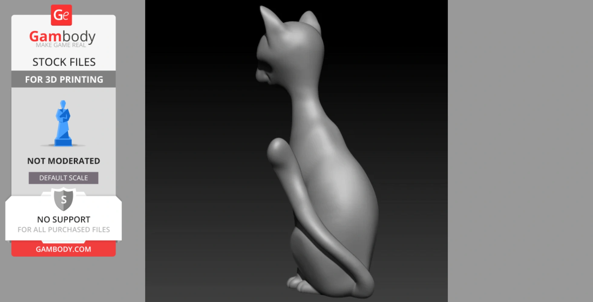 A sleek 3D model of a sitting cat, with an arched back and curved tail, intended for 3D printing.