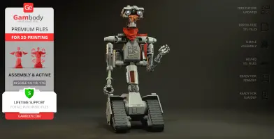 A detailed 3D model of a robot with a red bandanna, standing on tracks, ready for printing.