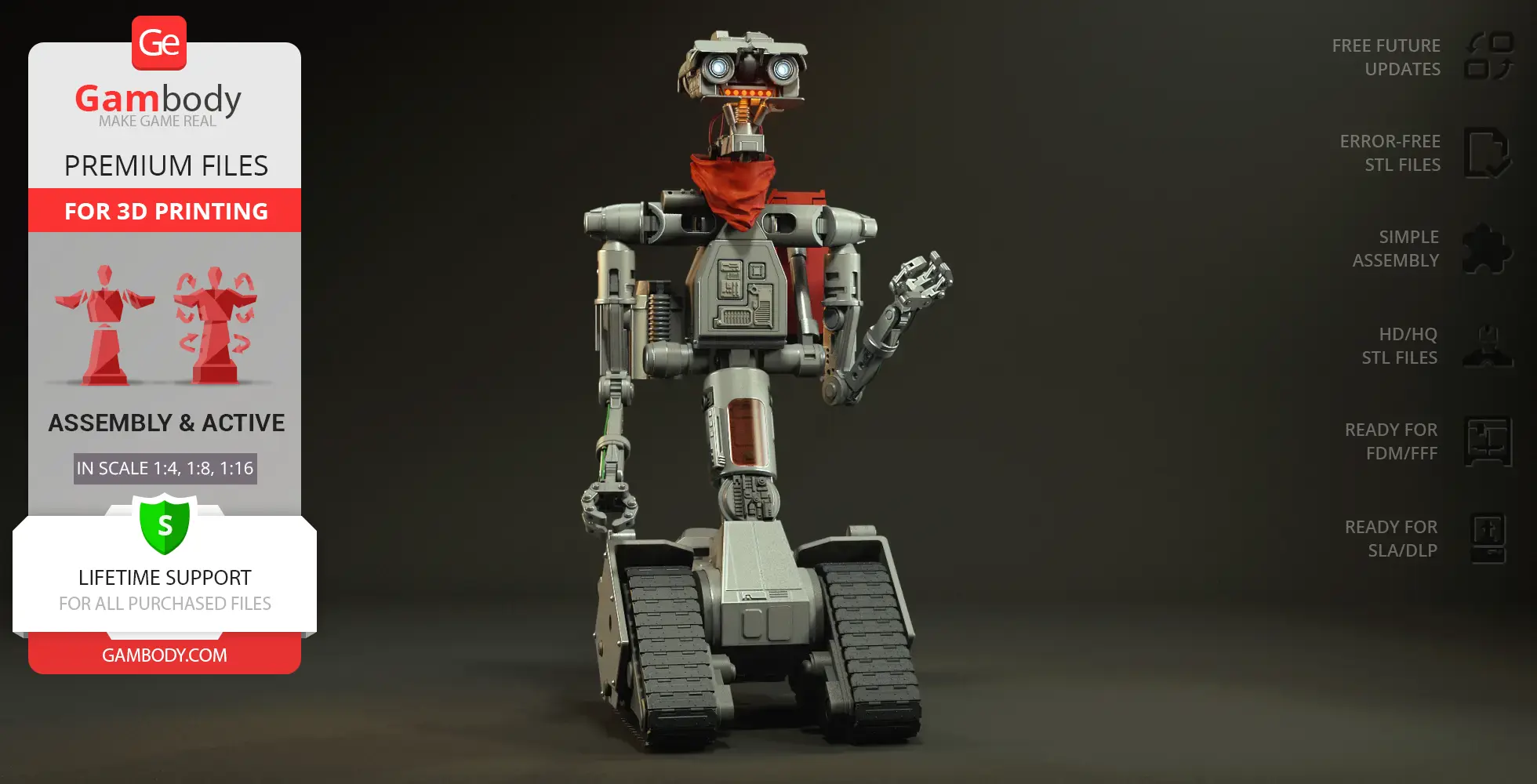 A detailed 3D model of a robot with a red bandanna, standing on tracks, ready for printing.