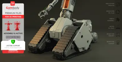 Robot model with tank-like treads designed for 3D printing, featuring articulated arms.