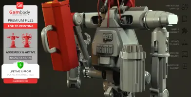 A detailed sci-fi robot model with mechanical arms and red accents, designed for 3D printing.