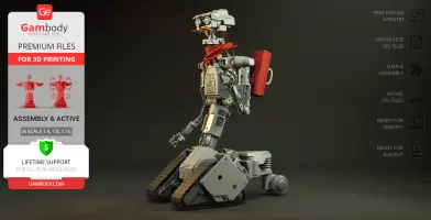 A detailed 3D model of a robotic character with tracks, a red scarf, and metallic features.