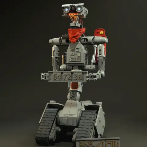 A detailed 3D model of a robot with tank-like treads and expressive eyes, resembling Johnny 5.