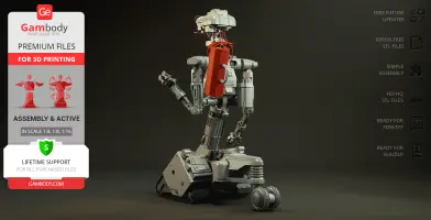 A detailed 3D model of a robot with tracks, showing mechanical arms and intricate parts, ready for 3D printing.