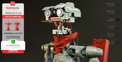 Futuristic robot model with large eyes, wearing a red bandana, designed for 3D printing.