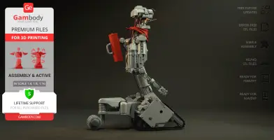 A detailed 3D model of a sci-fi robot with tracks, holding a red toolbox, viewed from the side.