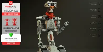 A detailed 3D model of Johnny 5 robot with a red scarf, ready for 3D printing.