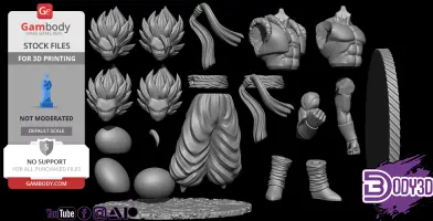 3D model pieces of Gogeta for printing, including heads, torsos, arms, legs, and accessories.