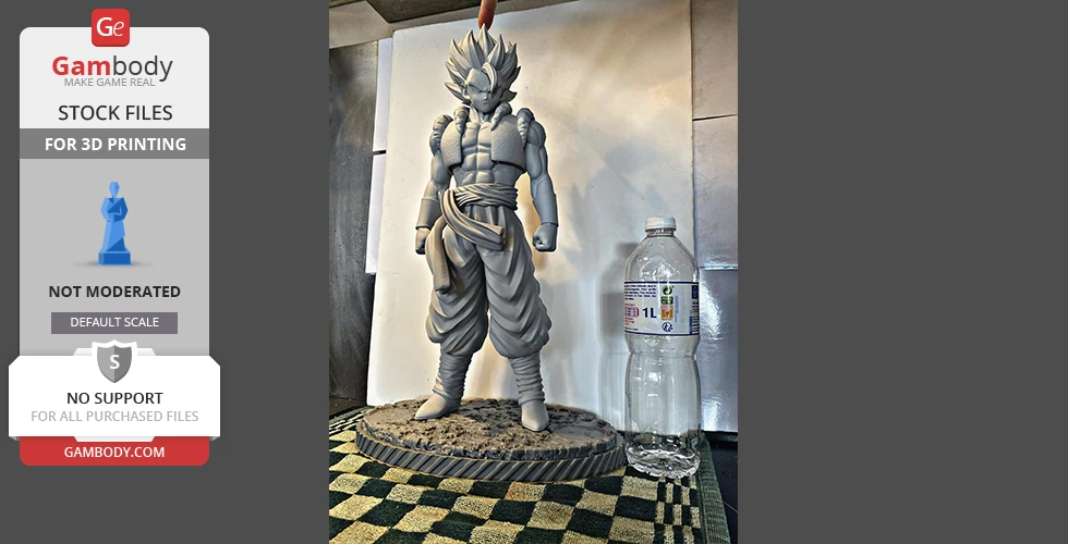 A 3D-printed figure of a muscular character with spiky hair, standing on a round base next to a water bottle.