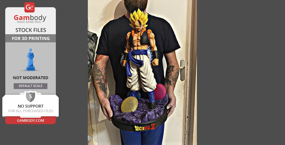 A 3D printed model of Gogeta from Dragon Ball Z, held by a person, featuring a detailed base.