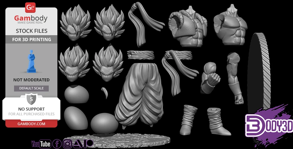 3D model pieces of Gogeta for printing, including heads, torsos, arms, legs, and accessories.