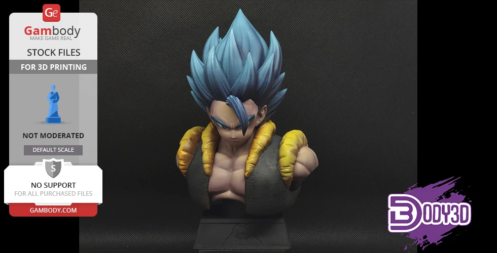 A 3D printed bust of a muscular character with spiky blue hair and a fierce expression.