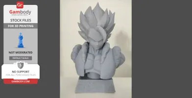 A 3D printed bust of an anime character with spiky hair and folded arms on a display base.