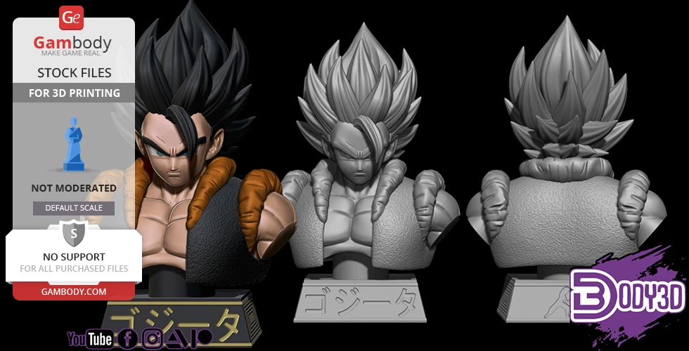 Two 3D models of a muscular character with spiky hair in detailed busts, one colored and one gray.