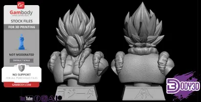3D model of a muscular character with spiky hair, shown as a full and bust figure, ready for 3D printing.