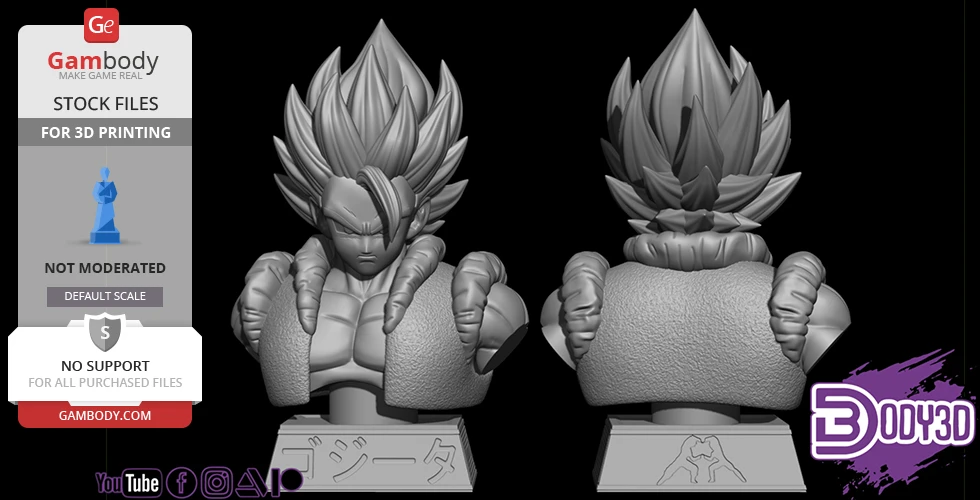 3D model of a muscular character with spiky hair, shown as a full and bust figure, ready for 3D printing.