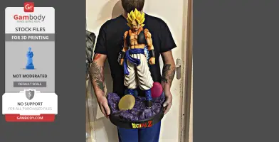 A 3D printed model of Gogeta from Dragon Ball Z, held by a person, featuring a detailed base.