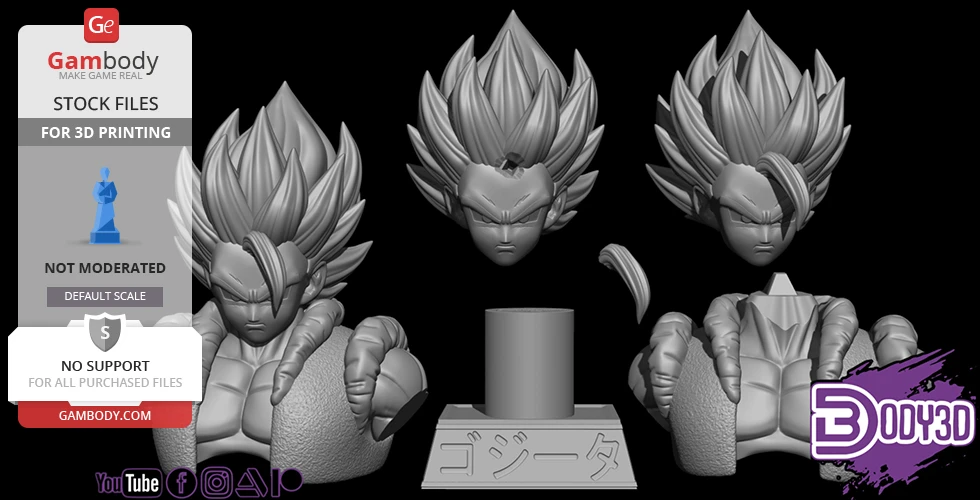 Three 3D printed models of a character with spiky hair and muscular build, including full figure and busts.