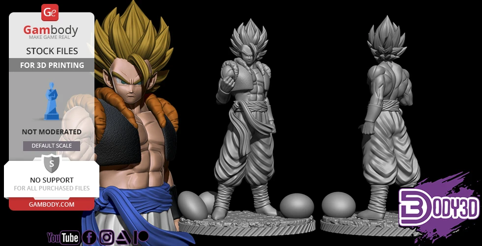 Detailed 3D model of Gogeta in full figure and bust formats for 3D printing.